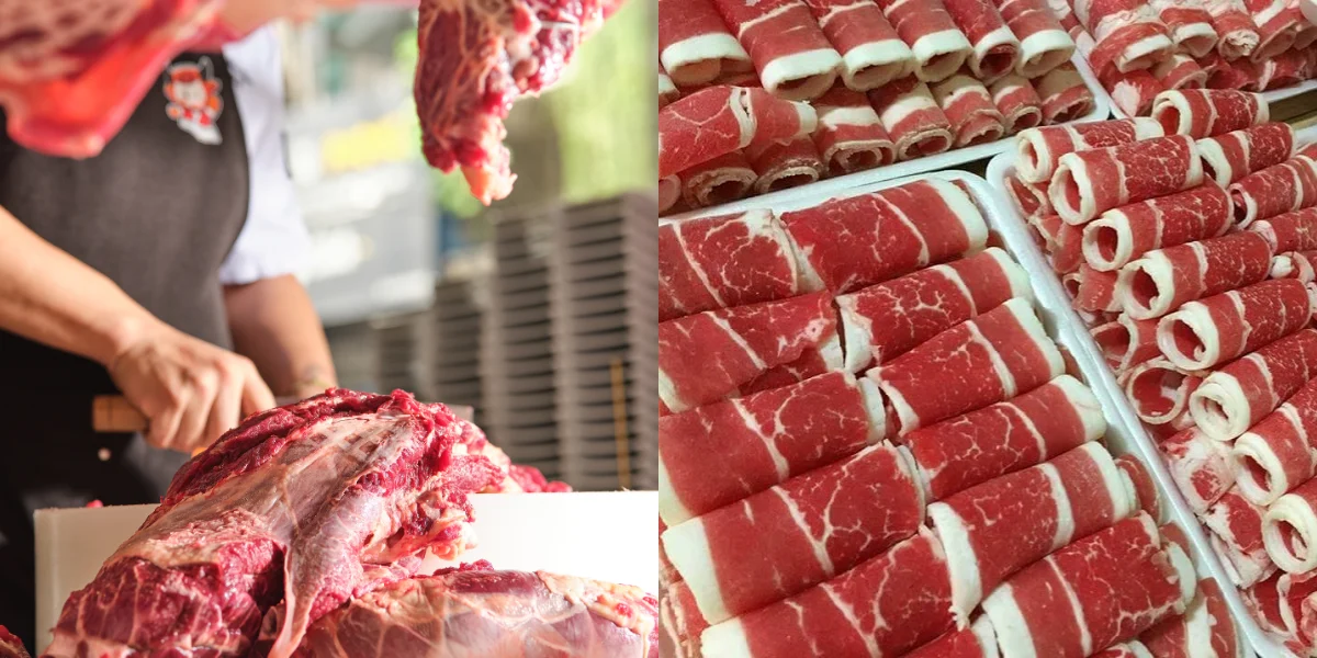 Ăn lẩu bò tươi hay lẩu bò đông lạnh? Trải nghiệm thực tế tại bếp mở Quận 1 1 So sánh trực quan thớ thịt bò tươi nóng dẻo quánh đỏ au bên cạnh khay thịt bò đông lạnh cắt máy nhạt màu